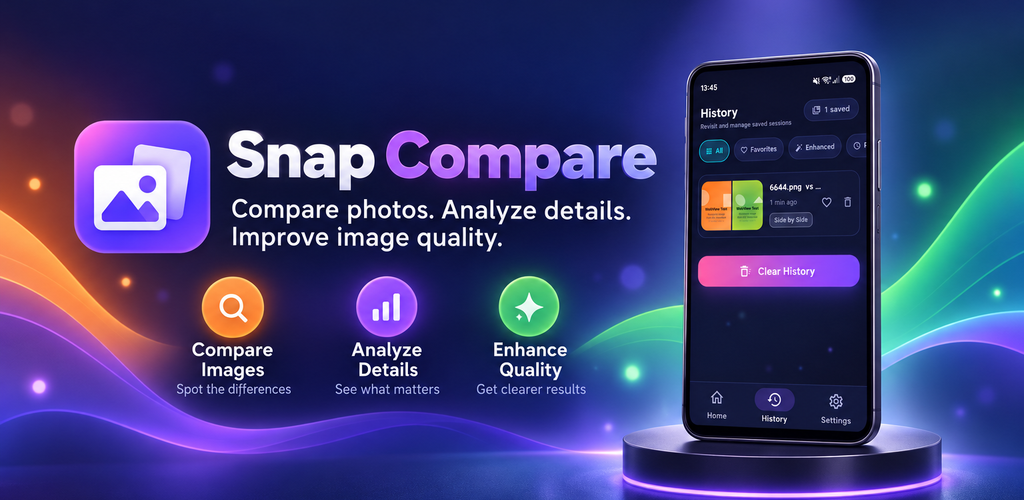 Snap Compare promotional banner with Android application preview